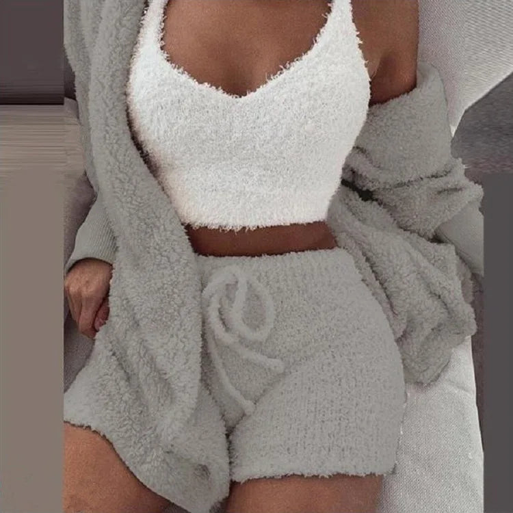 Fluffy Pajamas Set for Women Casual Sleepwear Tank Top and Shorts Plus Size Hoodie Leisure Homsuit Winter 3 Pieces Pijamas HappyDaysLove