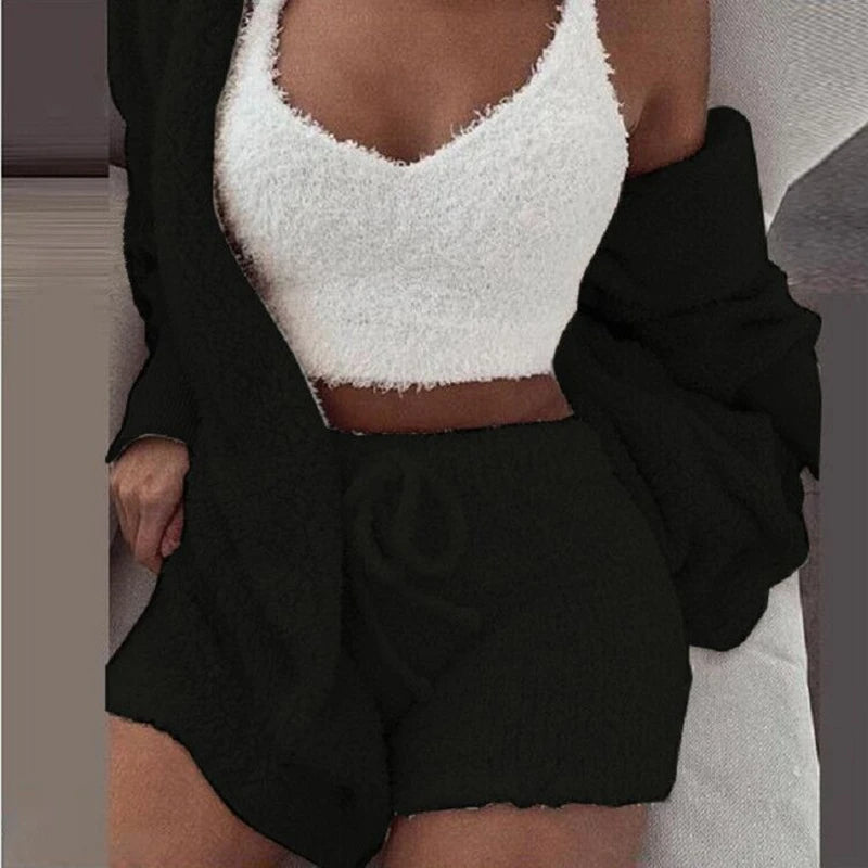 Fluffy Pajamas Set for Women Casual Sleepwear Tank Top and Shorts Plus Size Hoodie Leisure Homsuit Winter 3 Pieces Pijamas HappyDaysLove