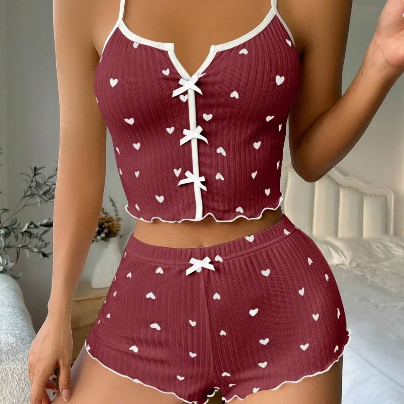 Sexy Sleepwear Women Pajamas Set Heart Print Silk Stain V-Neck Sleeveless Casual Cami Top and Shorts Sets Home Suit Loungewear HappyDaysLove