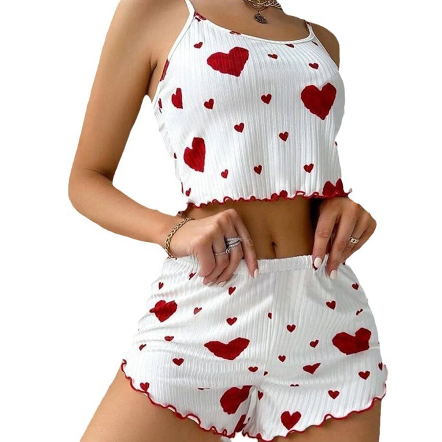 Women's Pajamas Set Sleepwear 2 PCS Short Tank Tops And Shorts S M L White Ventilate Soft Casual Love Printing HappyDaysLove