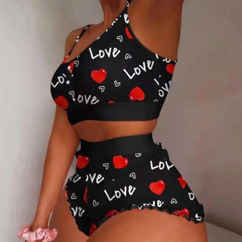 Love Printed Lace Sling Crop Tops and Shorts Summer 2-Piece Pajama Set Women Sleepwear Home Clothes Loungewear Pijamas HappyDaysLove