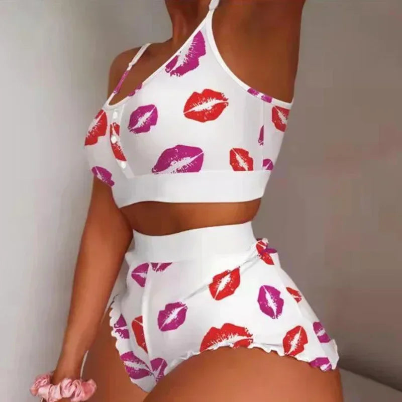 Love Printed Lace Sling Crop Tops and Shorts Summer 2-Piece Pajama Set Women Sleepwear Home Clothes Loungewear Pijamas HappyDaysLove