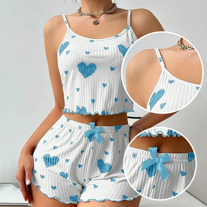 Women's Pajamas Set Sleepwear 2 PCS Short Tank Tops And Shorts S M L White Ventilate Soft Casual Love Printing HappyDaysLove