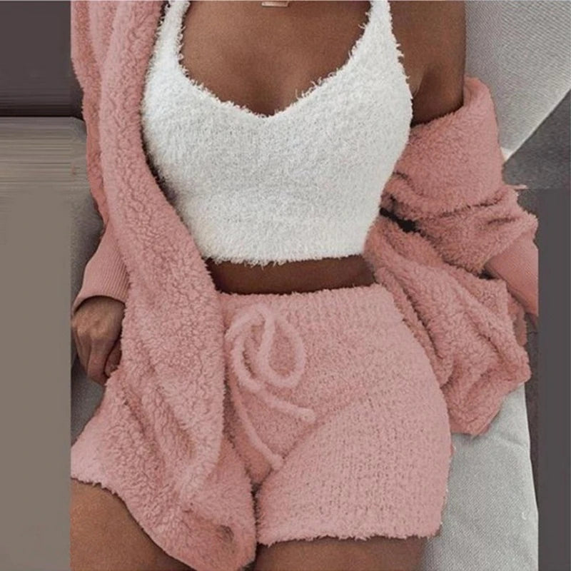 Fluffy Pajamas Set for Women Casual Sleepwear Tank Top and Shorts Plus Size Hoodie Leisure Homsuit Winter 3 Pieces Pijamas HappyDaysLove