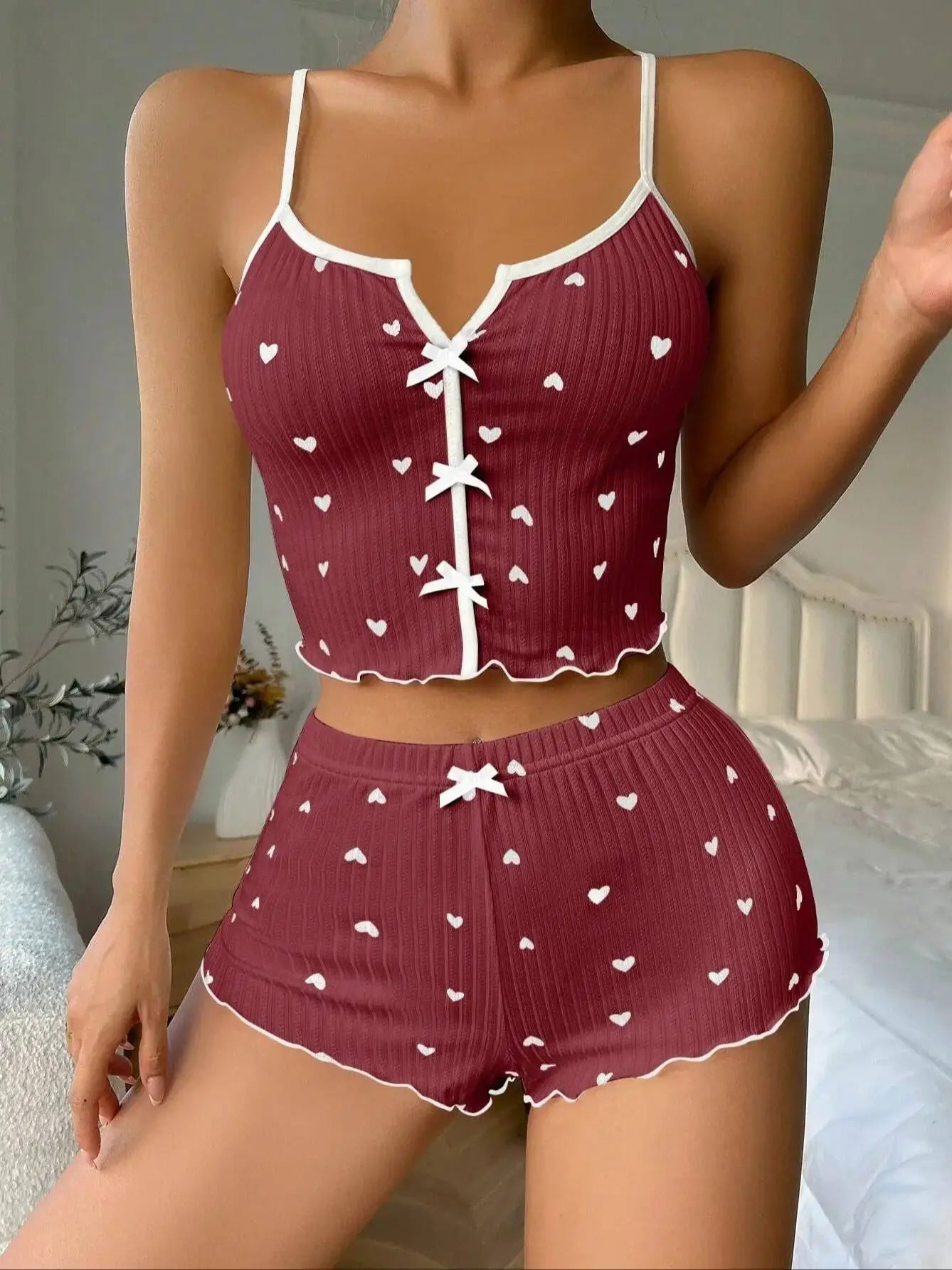 Sexy Sleepwear Women Pajamas Set Heart Print Silk Stain V-Neck Sleeveless Casual Cami Top and Shorts Sets Home Suit Loungewear HappyDaysLove