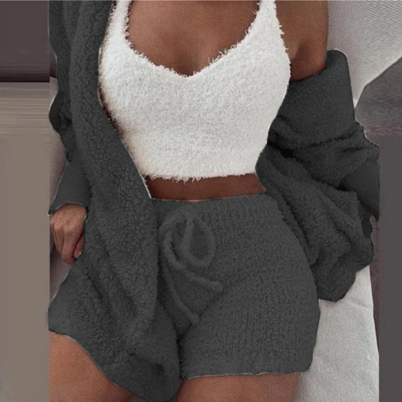 Fluffy Pajamas Set for Women Casual Sleepwear Tank Top and Shorts Plus Size Hoodie Leisure Homsuit Winter 3 Pieces Pijamas HappyDaysLove