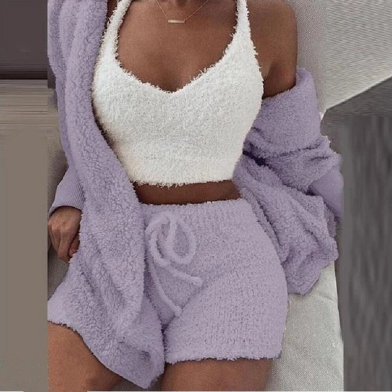 Fluffy Pajamas Set for Women Casual Sleepwear Tank Top and Shorts Plus Size Hoodie Leisure Homsuit Winter 3 Pieces Pijamas HappyDaysLove