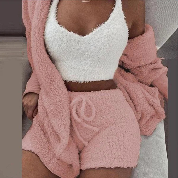 Fluffy Pajamas Set for Women Casual Sleepwear Tank Top and Shorts Plus Size Hoodie Leisure Homsuit Winter 3 Pieces Pijamas HappyDaysLove