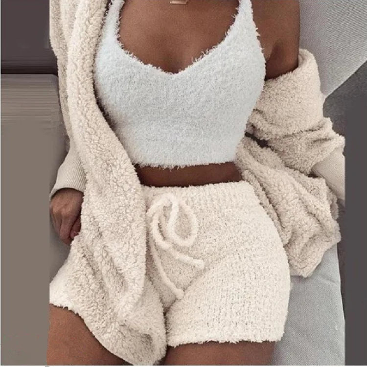 Fluffy Pajamas Set for Women Casual Sleepwear Tank Top and Shorts Plus Size Hoodie Leisure Homsuit Winter 3 Pieces Pijamas HappyDaysLove