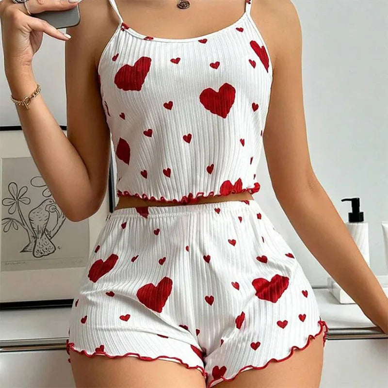 Women's Pajamas Set Sleepwear 2 PCS Short Tank Tops And Shorts S M L White Ventilate Soft Casual Love Printing HappyDaysLove