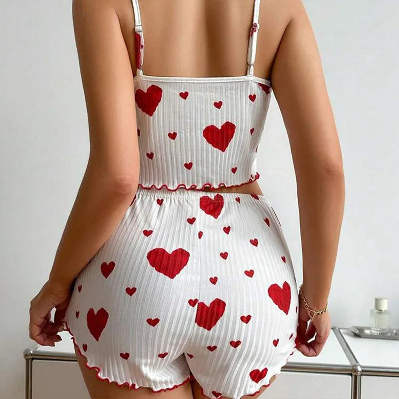 Women's Pajamas Set Sleepwear 2 PCS Short Tank Tops And Shorts S M L White Ventilate Soft Casual Love Printing HappyDaysLove