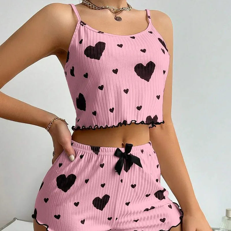 Women's Pajamas Set Sleepwear 2 PCS Short Tank Tops And Shorts S M L White Ventilate Soft Casual Love Printing HappyDaysLove