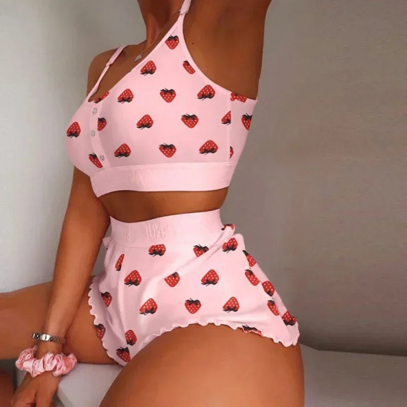 Love Printed Lace Sling Crop Tops and Shorts Summer 2-Piece Pajama Set Women Sleepwear Home Clothes Loungewear Pijamas HappyDaysLove