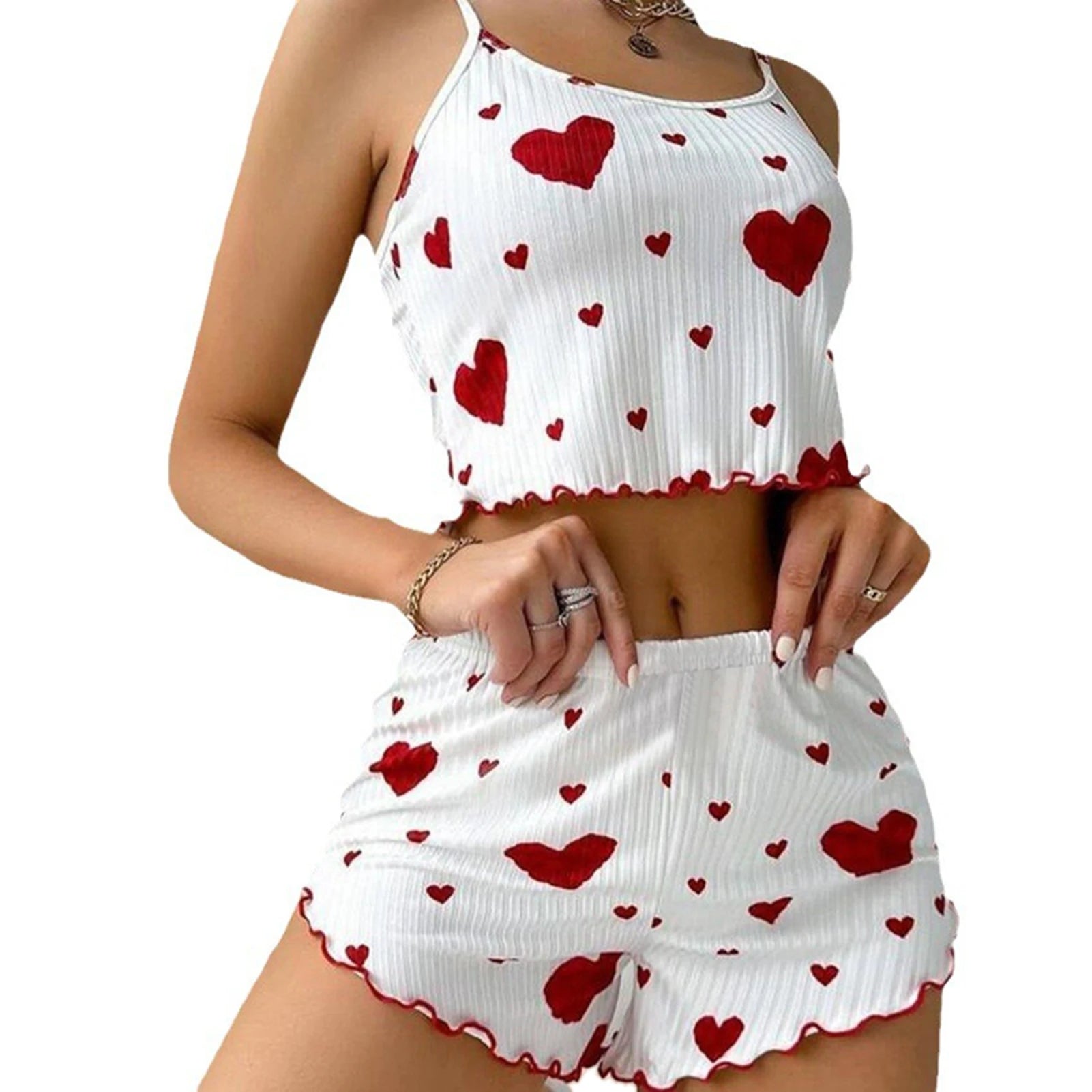 Women's Pajamas Set Sleepwear 2 PCS Short Tank Tops And Shorts S M L White Ventilate Soft Casual Love Printing HappyDaysLove