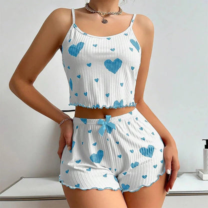 Women's Pajamas Set Sleepwear 2 PCS Short Tank Tops And Shorts S M L White Ventilate Soft Casual Love Printing HappyDaysLove