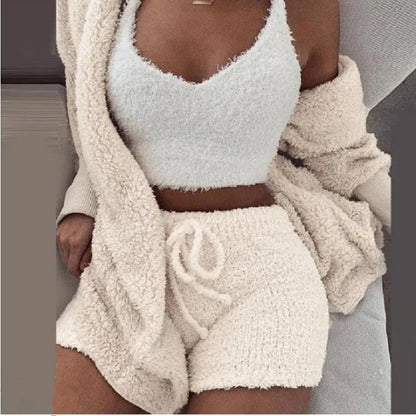 Fluffy Pajamas Set for Women Casual Sleepwear Tank Top and Shorts Plus Size Hoodie Leisure Homsuit Winter 3 Pieces Pijamas HappyDaysLove