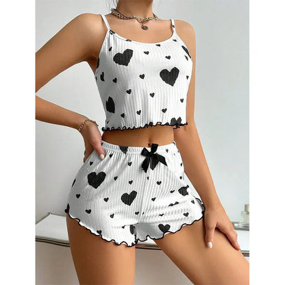 Women's Pajamas Set Sleepwear 2 PCS Short Tank Tops And Shorts S M L White Ventilate Soft Casual Love Printing HappyDaysLove