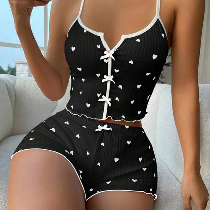 Sexy Sleepwear Women Pajamas Set Heart Print Silk Stain V-Neck Sleeveless Casual Cami Top and Shorts Sets Home Suit Loungewear HappyDaysLove